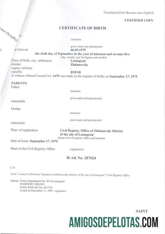 Cartório de Registro Civil da Rússia da Certidão de Nascimento do Distrito de Zhdanovsky baixar para verificação